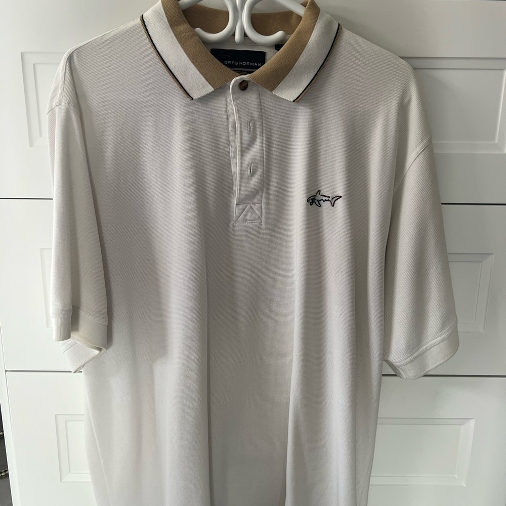 Greg Norman Collection White Polo with Tan Accents